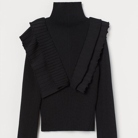 H&M Studio Collection Flounce Thick Fine-knit Black Cocktail Turtleneck Sweater - Picture 3 of 14